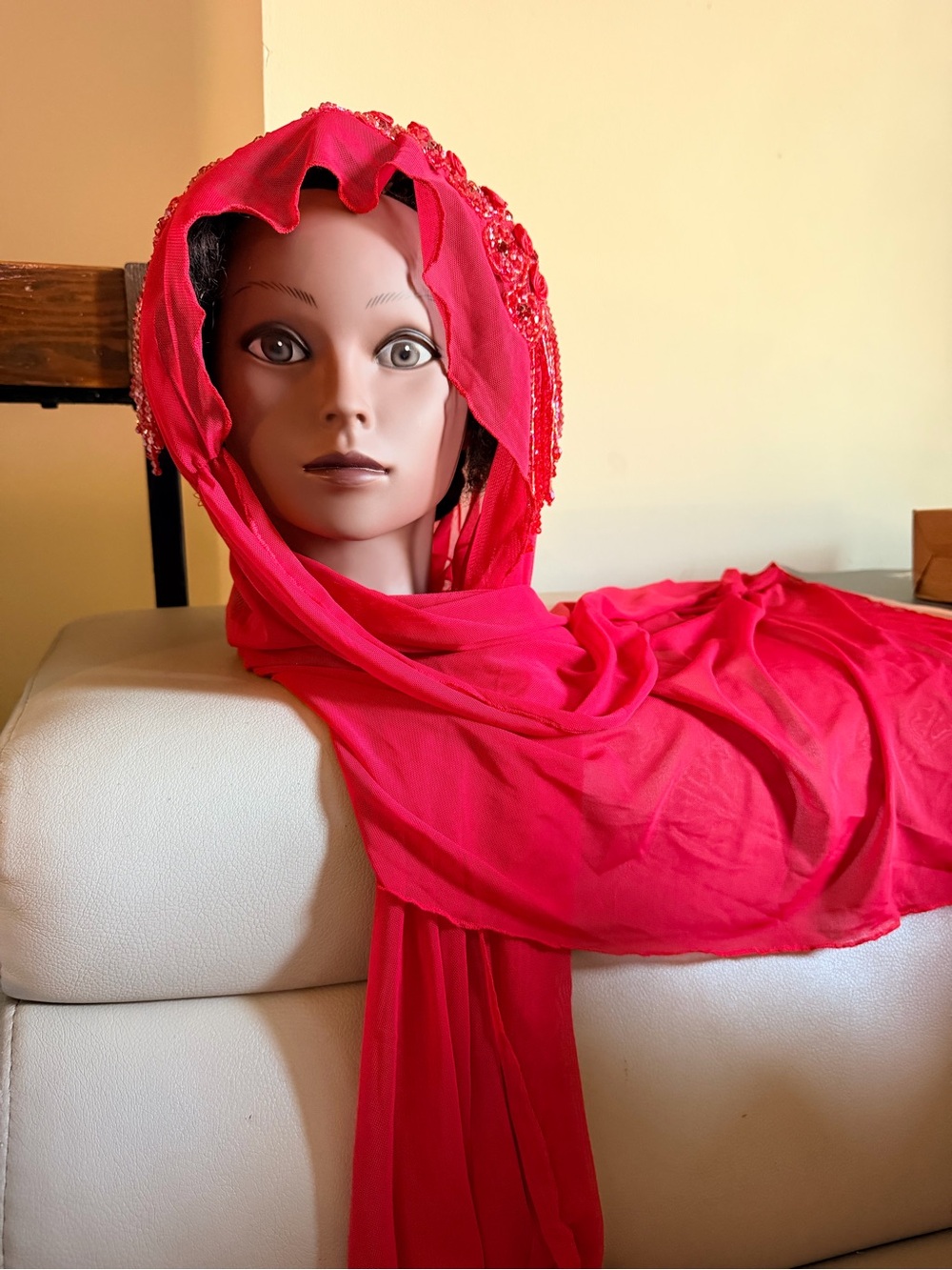 Bright Red Beaded Edge Hijab Scarf - Women's Accessory